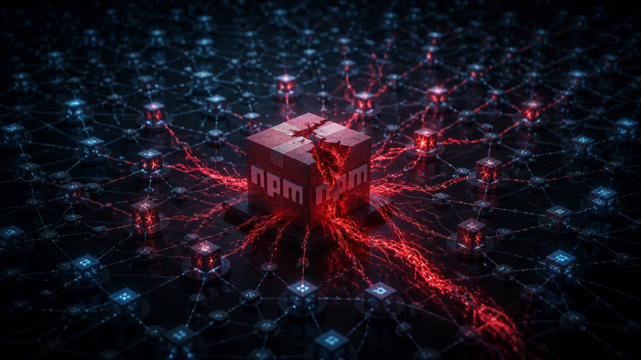 A cracked npm package cube radiating malicious red threads through a vast dependency graph