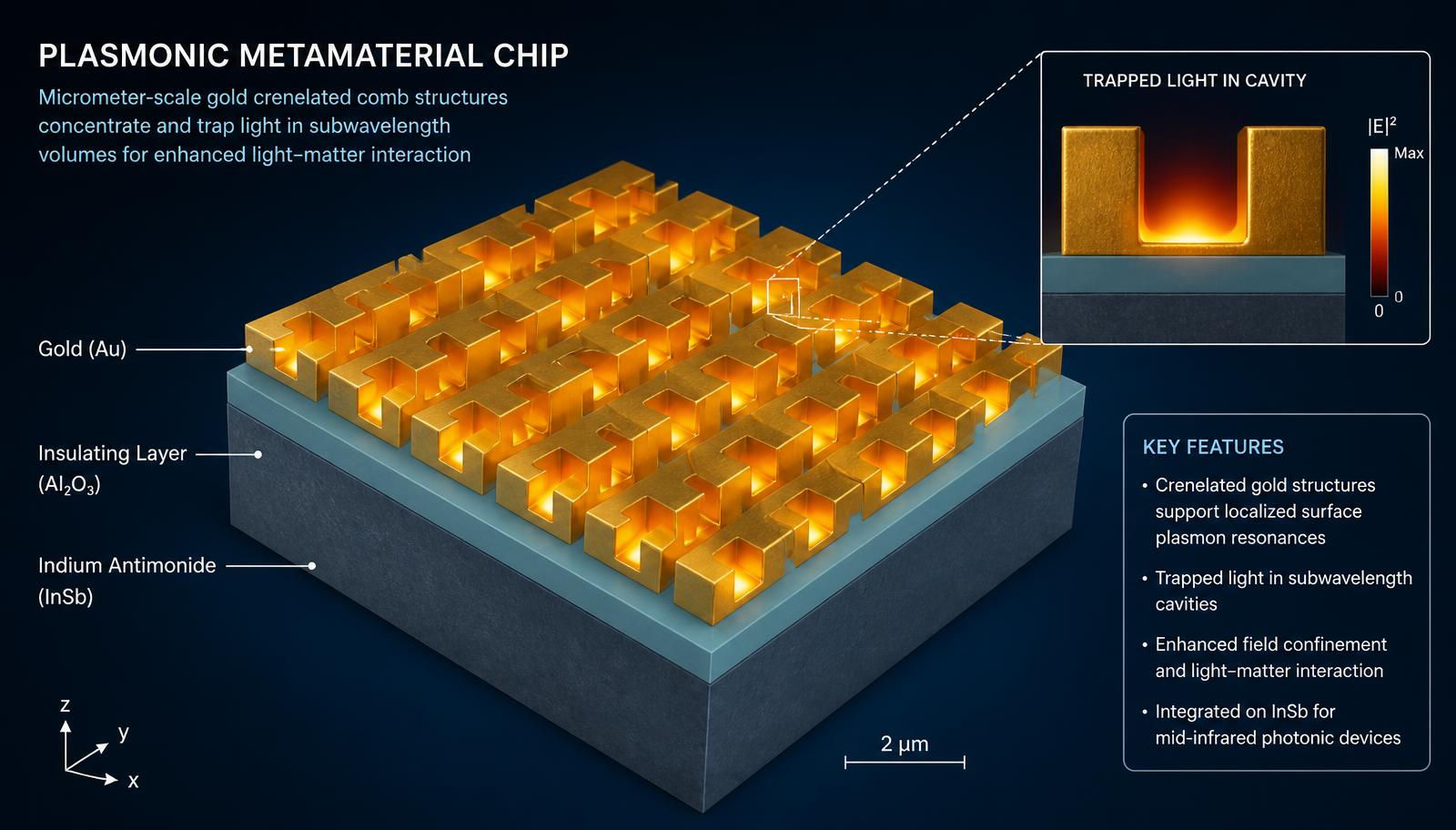 Cross-section of the plasmonic metamaterial: gold crenellations, insulator, indium antimonide