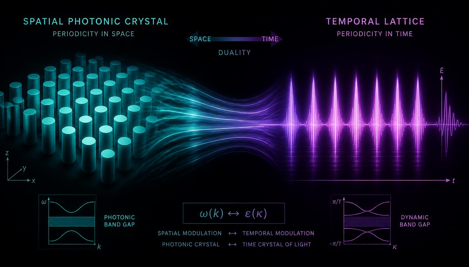 Spatial photonic crystal versus temporal lattice, and the band gaps each produces