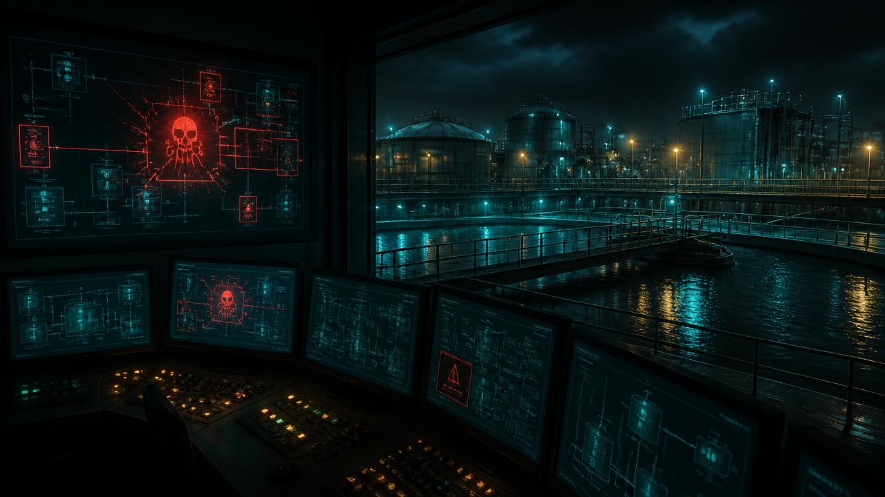 A darkened water treatment plant control room at night with intrusion alerts glowing on SCADA displays