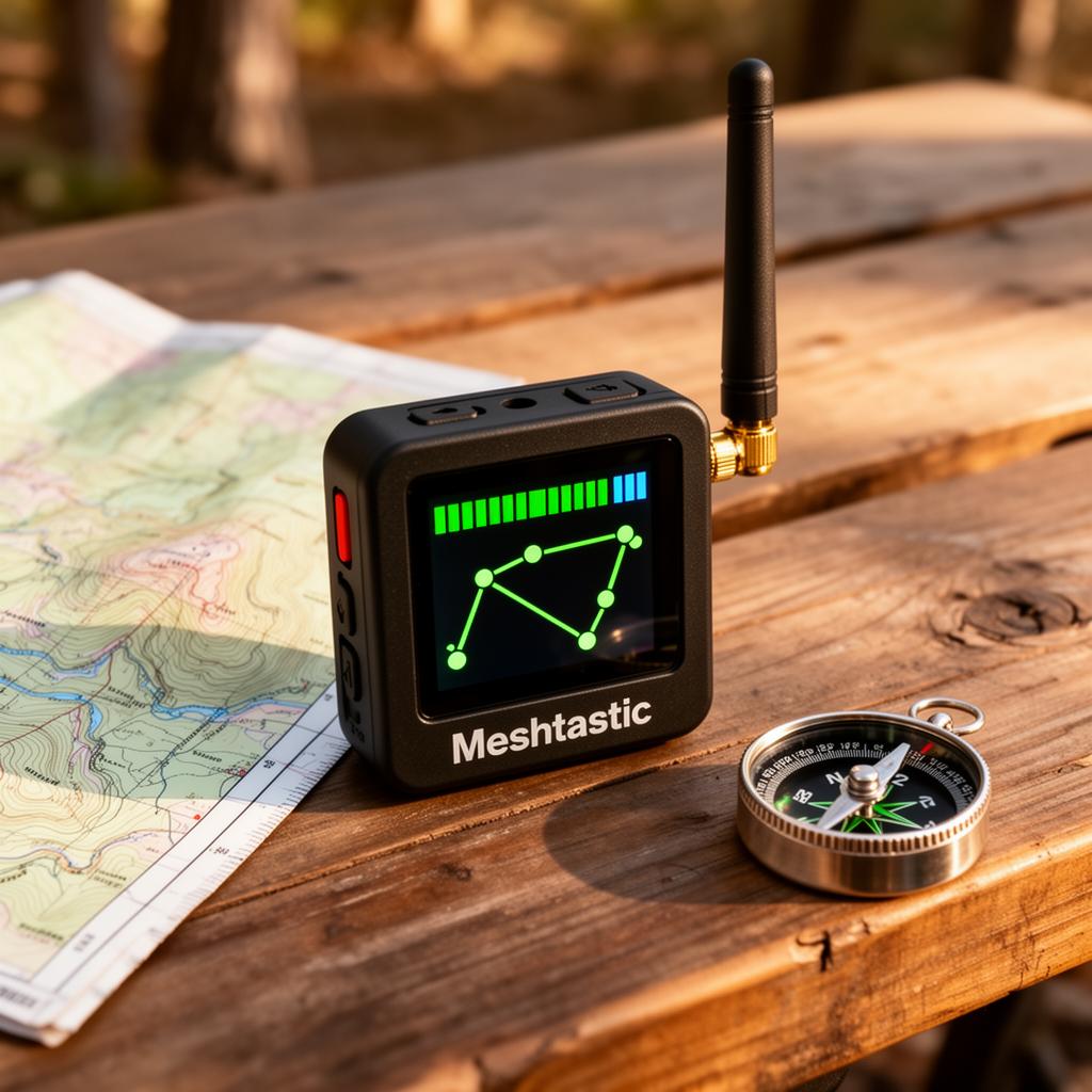 A Meshtastic LoRa node on a hiking table next to a topographic map and compass