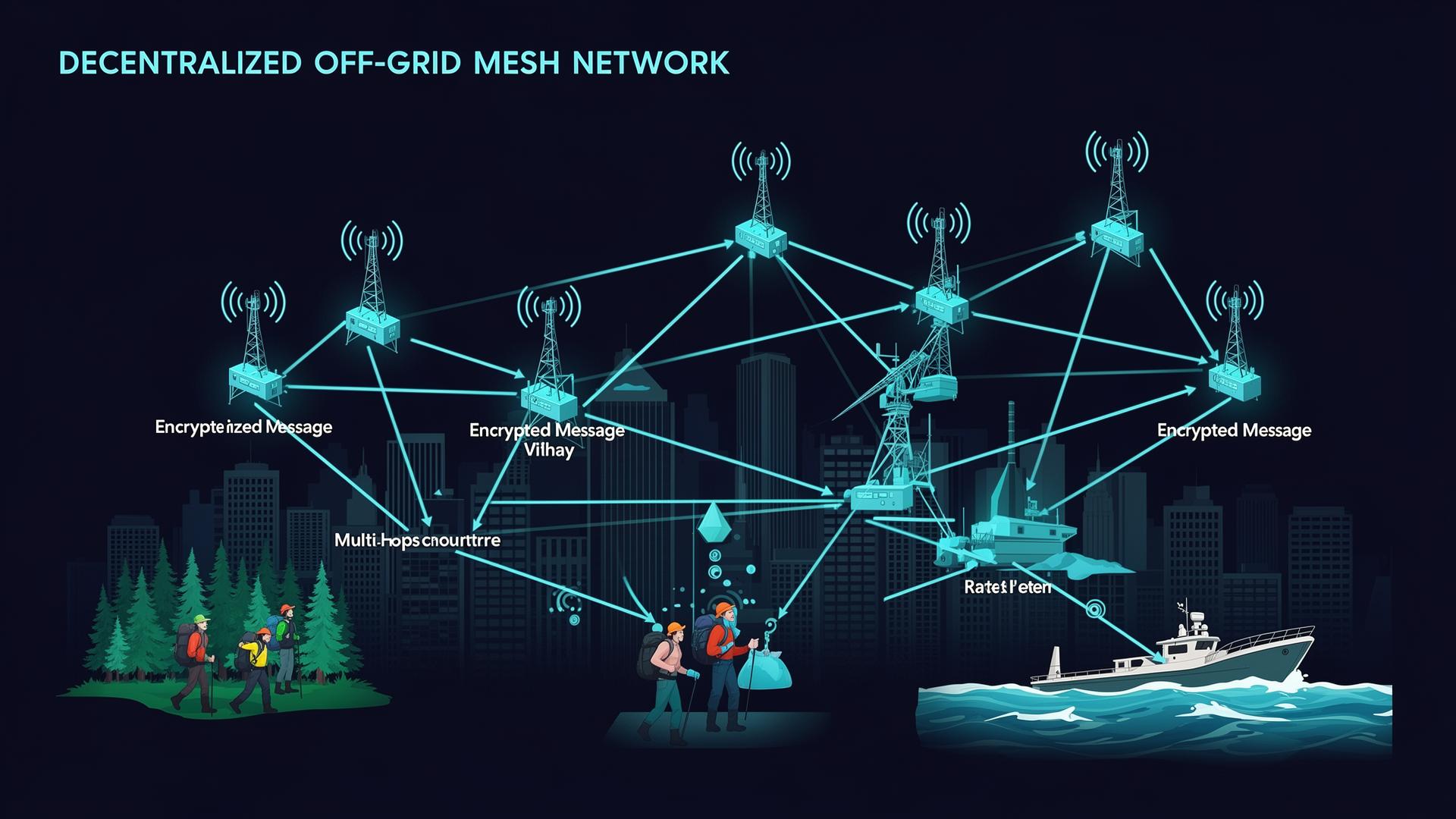 Diagram of multi-hop mesh routing across hikers, cities, and boats