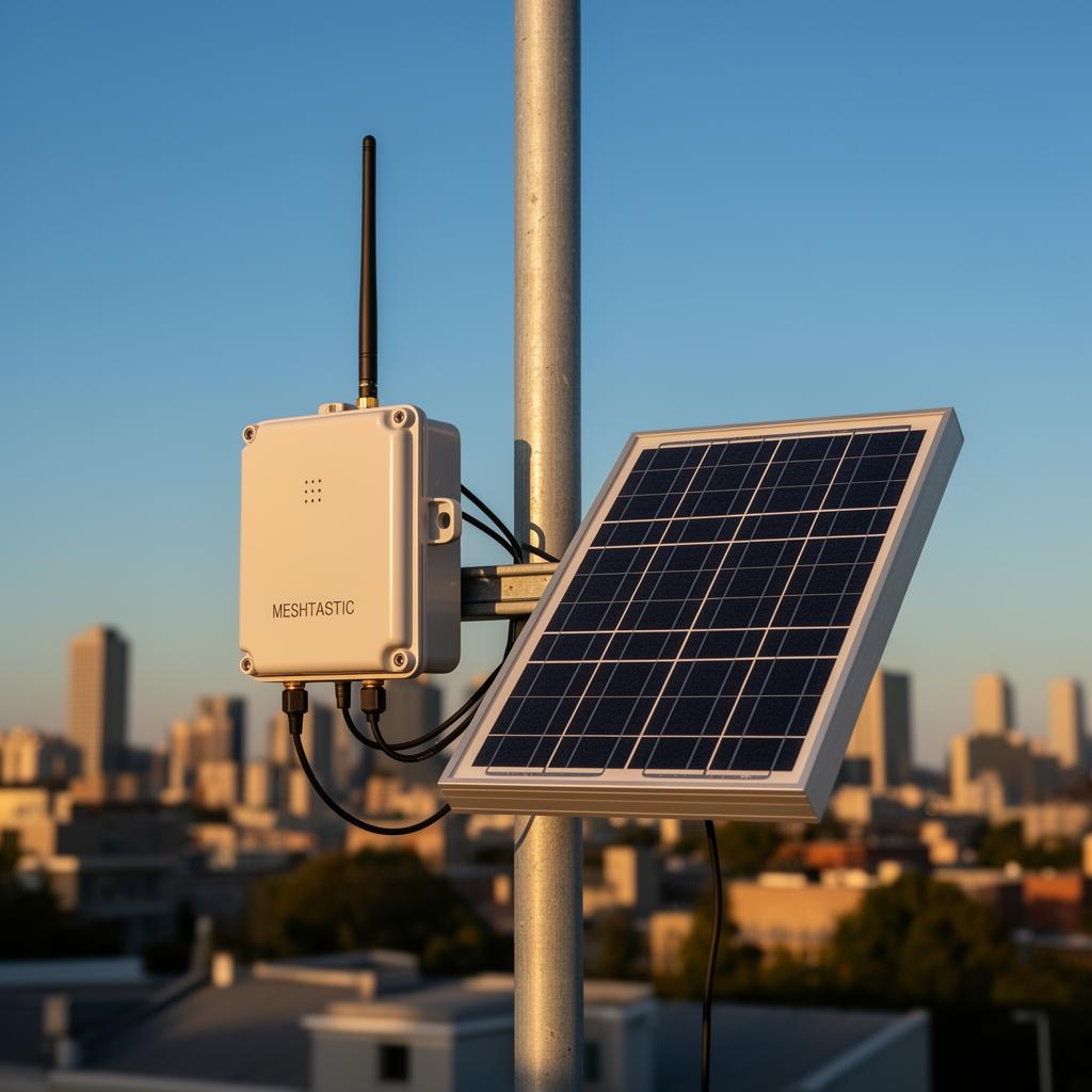 Solar-powered Meshtastic LoRa router node mounted on a rooftop pole over a city skyline