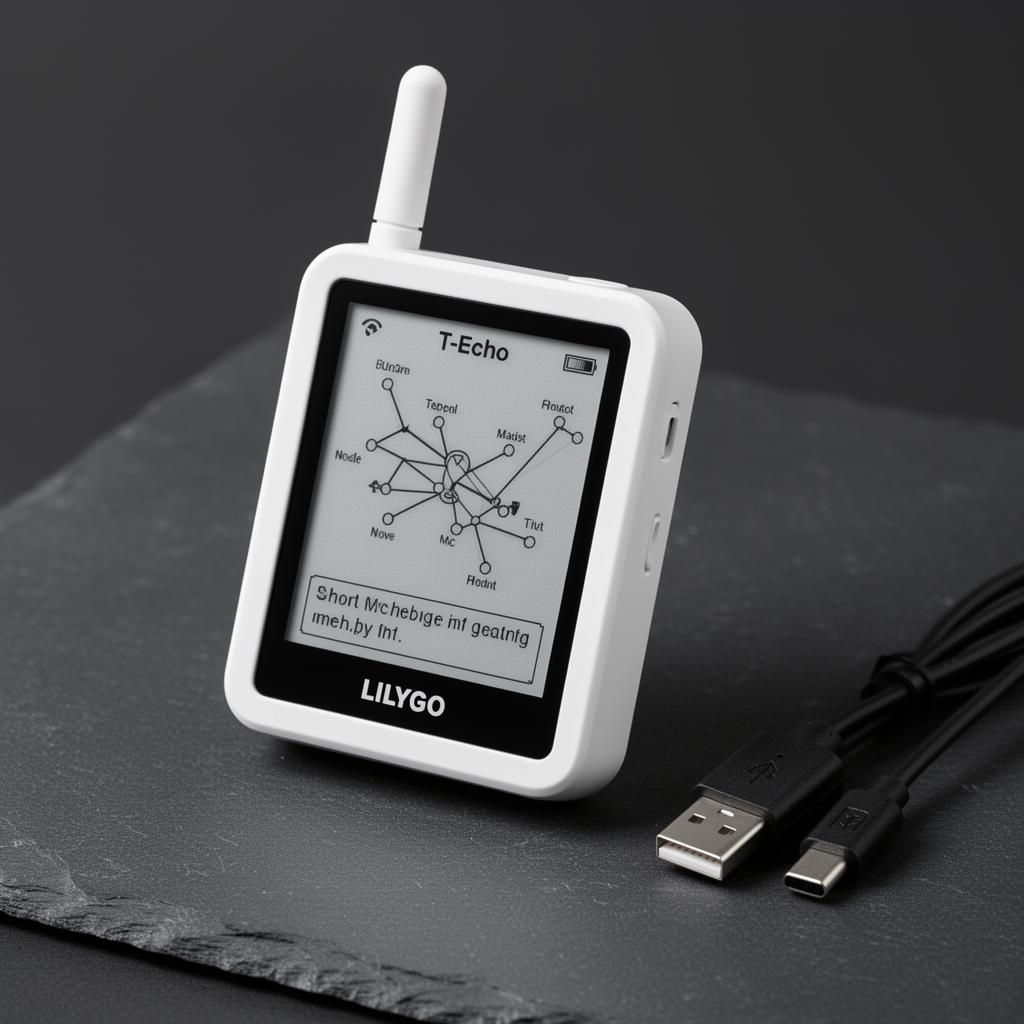 LILYGO T-Echo pocket Meshtastic device with e-paper display showing a node map