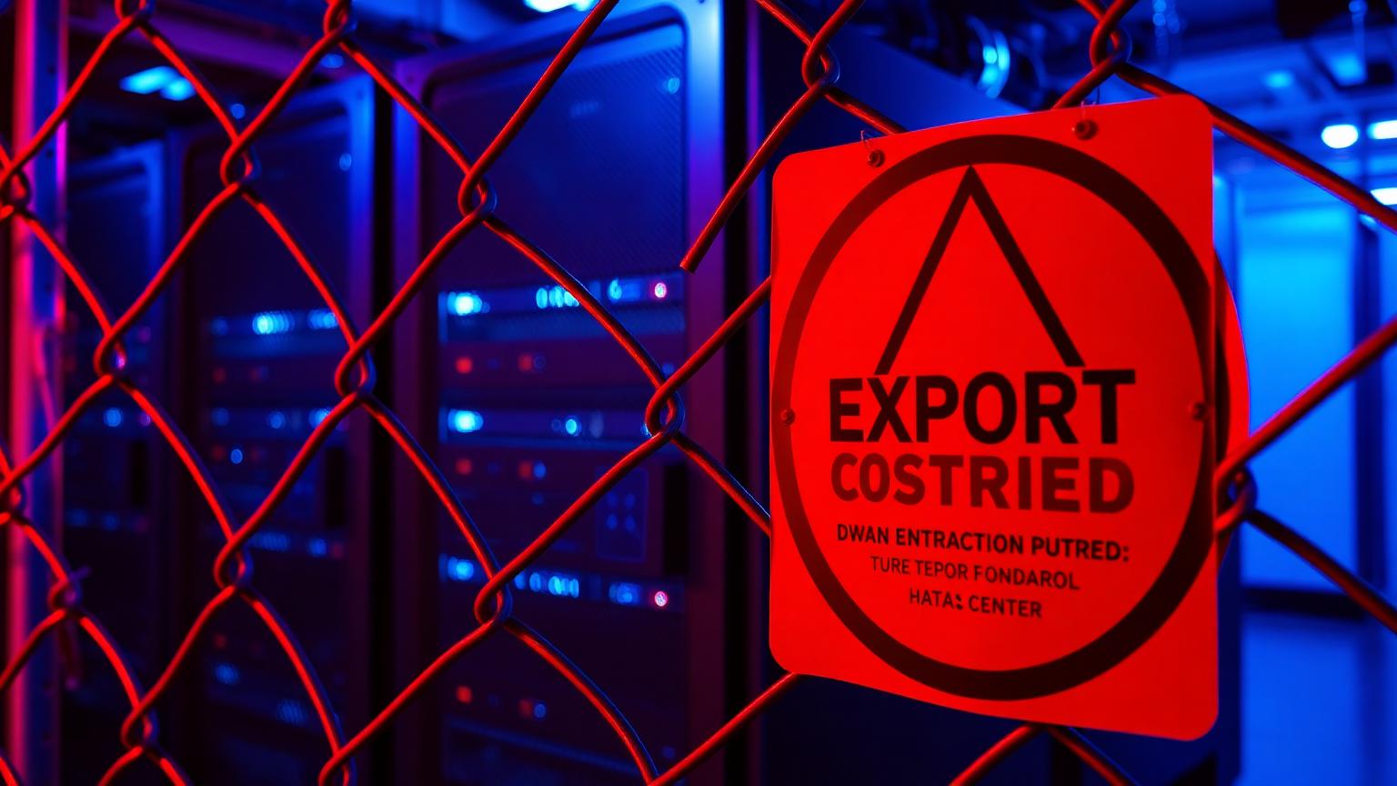 Data center behind a chain-link fence with an export restriction sign